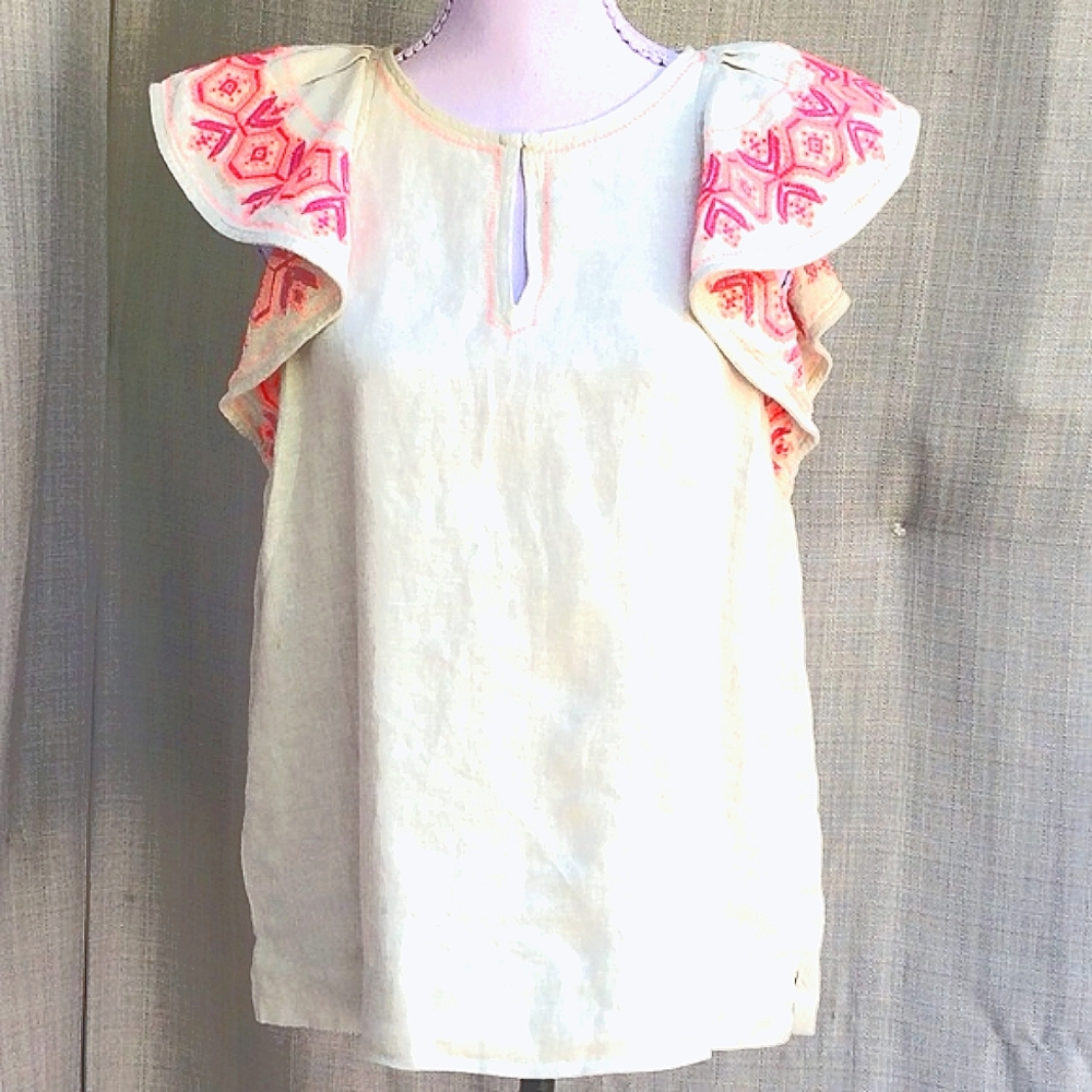 J Crew Linen Embroided Butterfly Shoulder Blouse